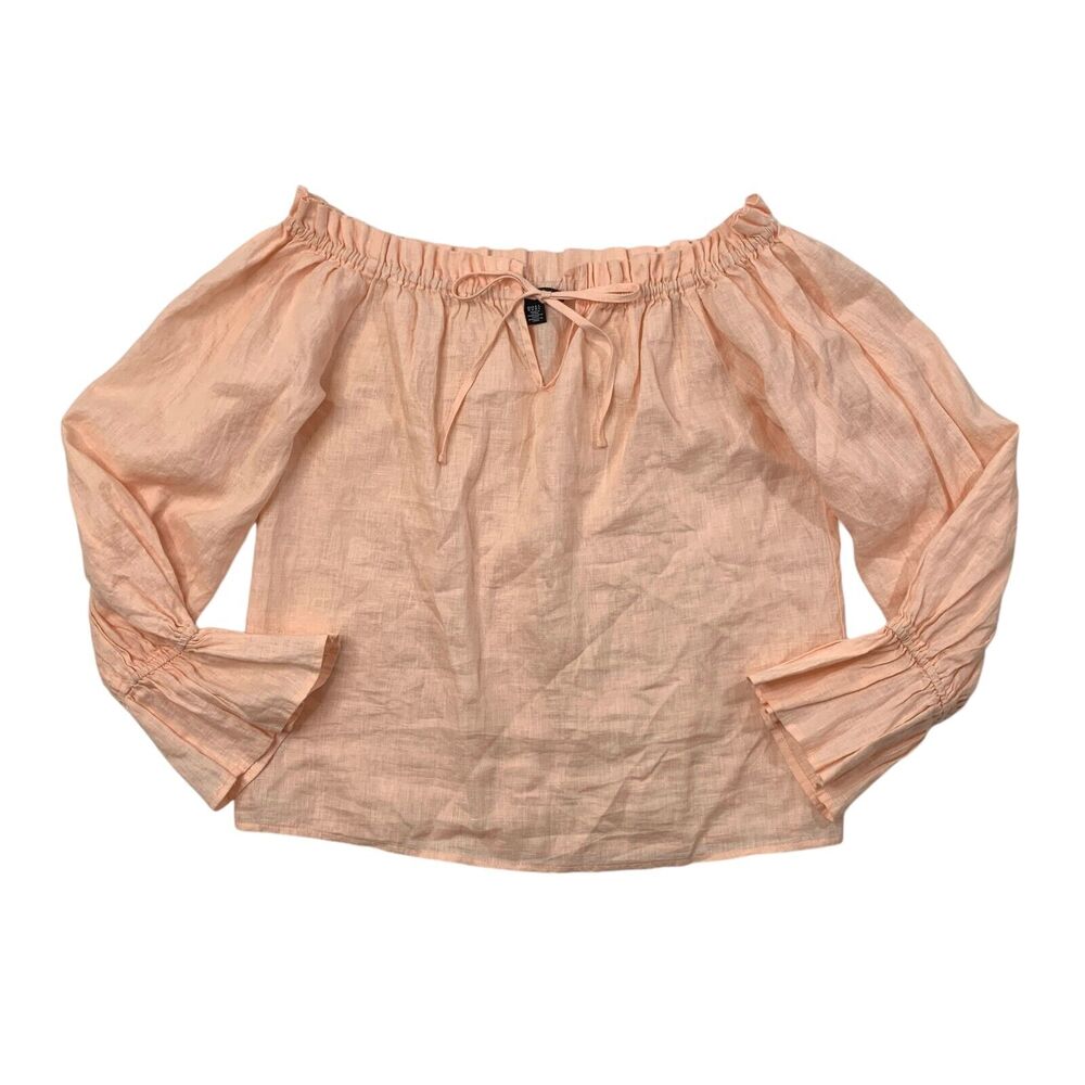 Saks Fifth Avenue Top Womens M Medium Dusty Peach Linen Off Shoulder Bell Sleeve